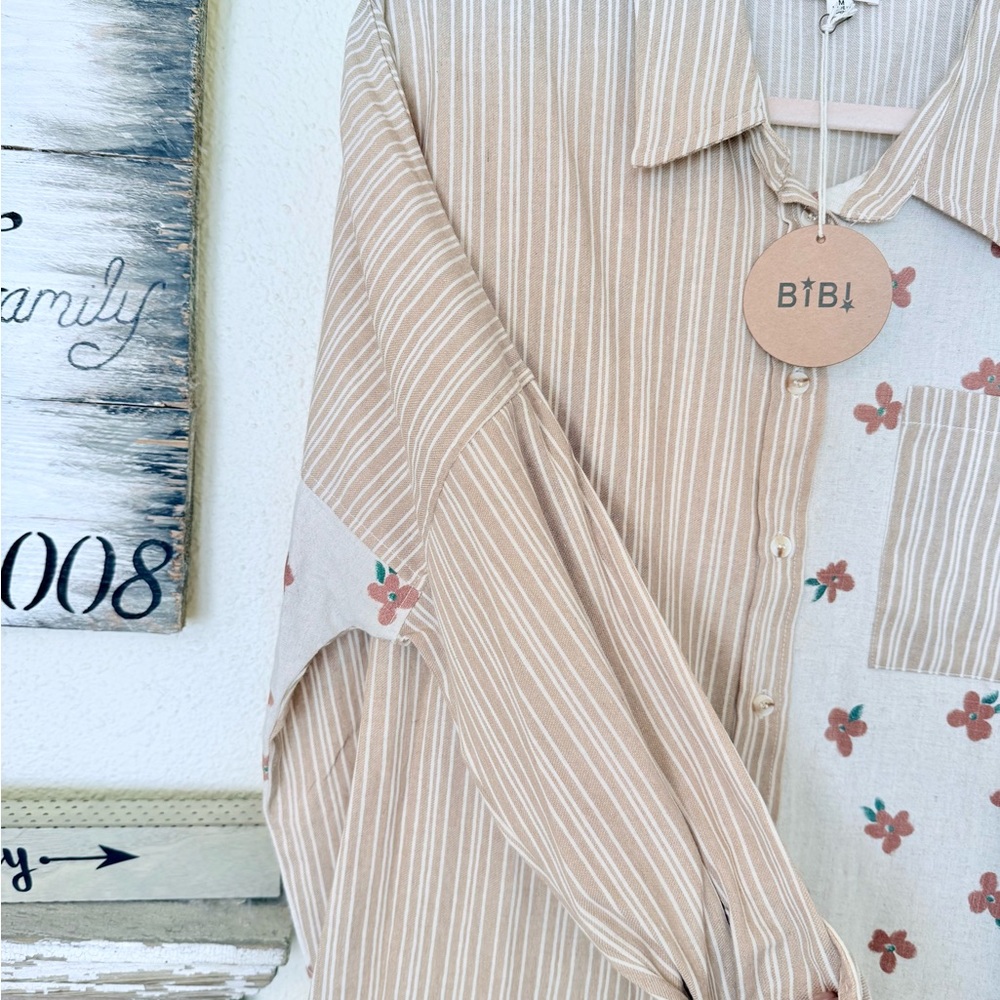 ❌SOLD❌BiBi Beige and Brown Striped Shirt - Picture 6 of 8